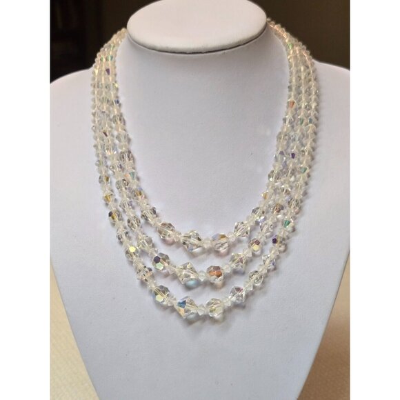 Vintage Triple Strand Graduated AB Necklace Plus brooch Set 1940s Demi Parure - Picture 7 of 8